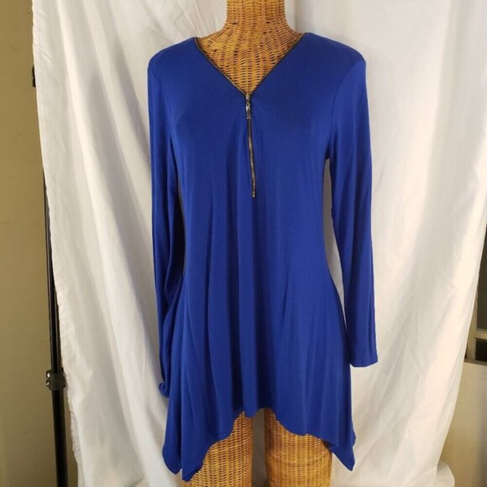 Sunny Leigh V Neck Long Sleeve Asymmetrical Blue Tunic Size M